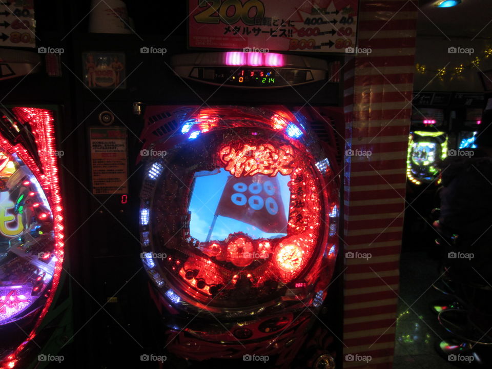 Bright Red and Blue Lights of an Arcade Game, Tokyo, Japan