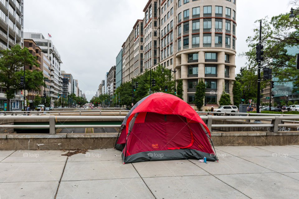 Washington DC, USA, Homeless persons tent in the city on the pedestrian walkway
