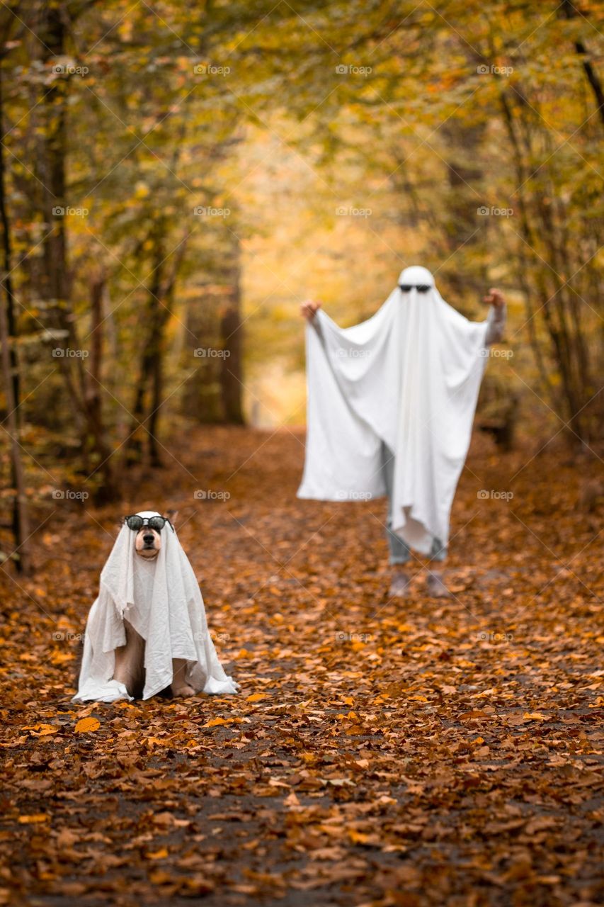 A woman and dog dressed up as ghosts for halloween