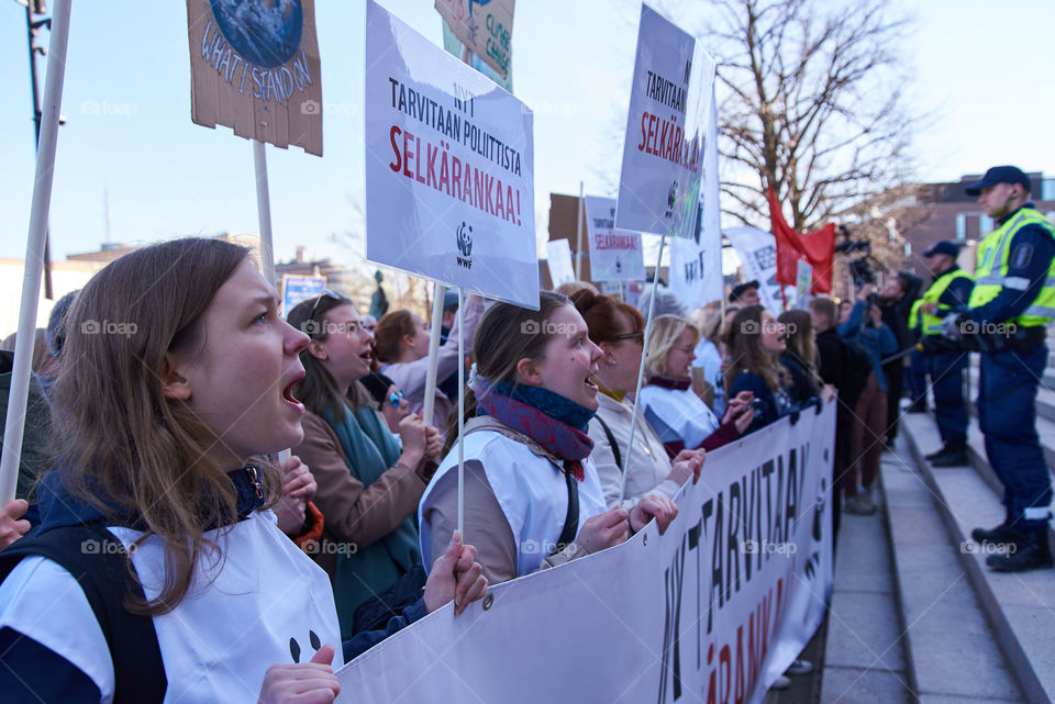 Helsinki, Finland - April 6, 2019: March and demonstration against climate change (Ilmastomarssi) in downtown Helsinki, Finland attended by more than 10000 people.