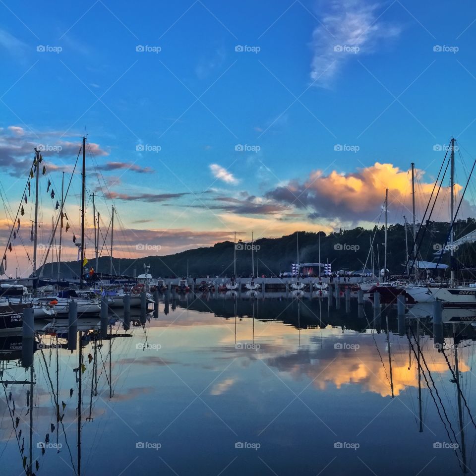 View of harbour during sunset