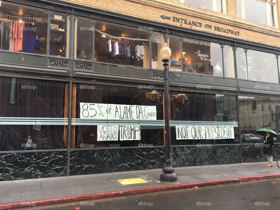 Protest signs at a restaurant in Oakland California 