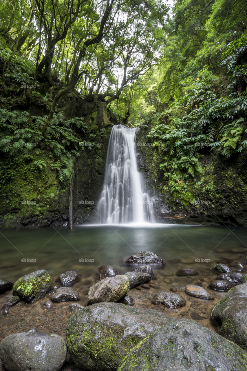 The waterfall of Salto do Prego in the middle of the woods of the island of Sao Miguel, Azores, Portugal.