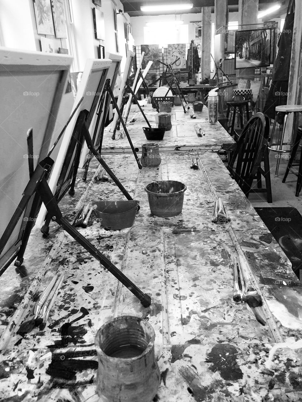 Black and white view of group painting class