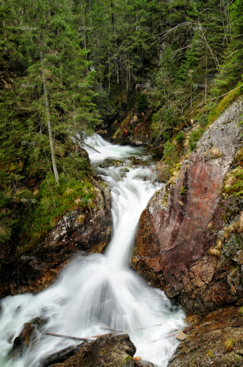 waterfall in forest mountain in Poland