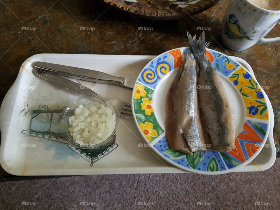 delicious Dutch herring with onions on plate