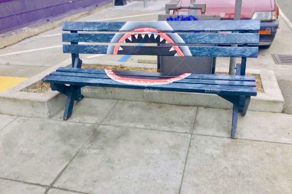 Bench with a picture of a shark’s jaws open wide