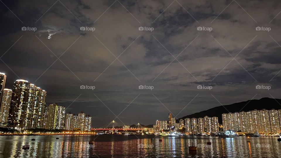 Peaceful city nightview along the coastline 