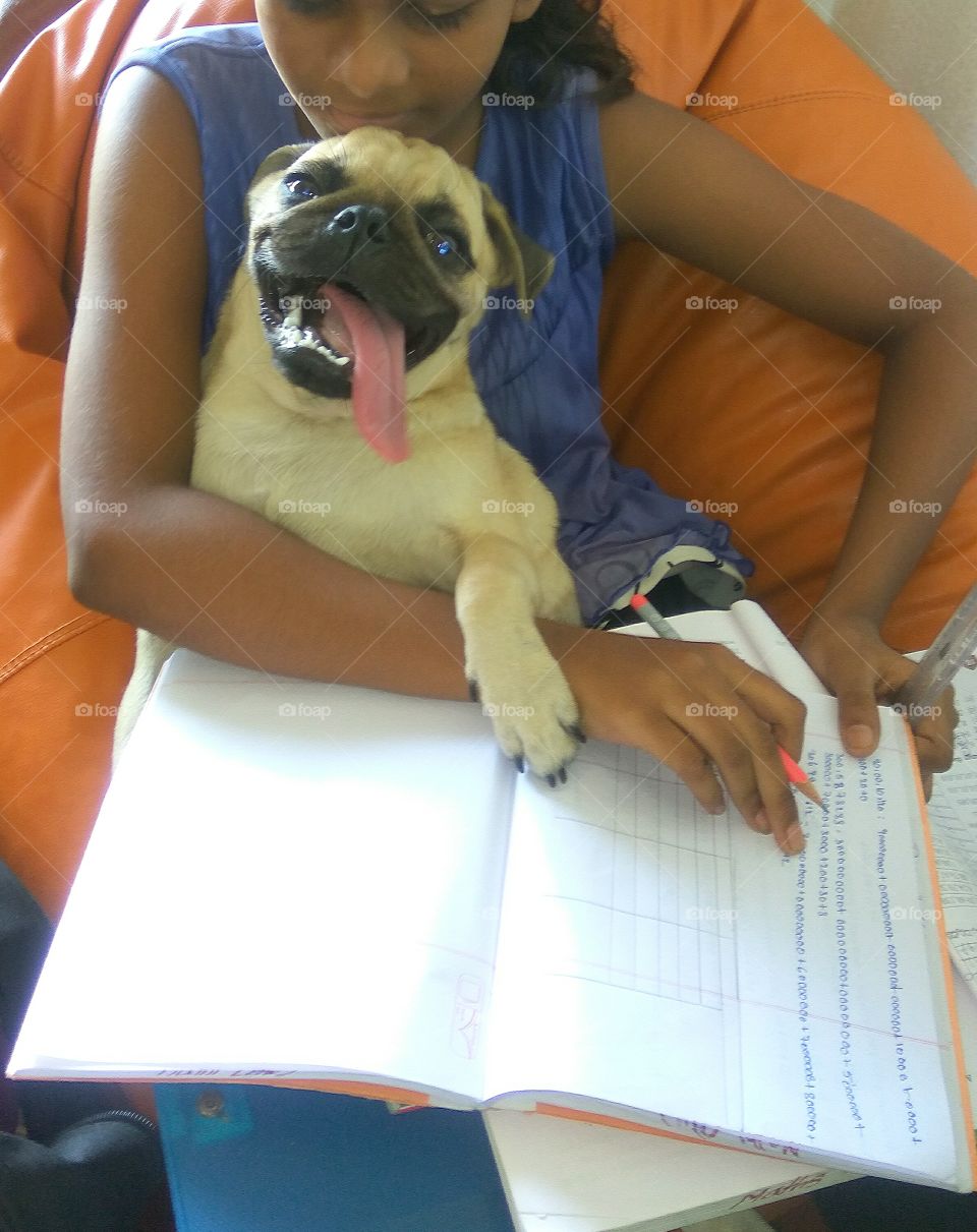 Girl holding bulldog and writing on notebook