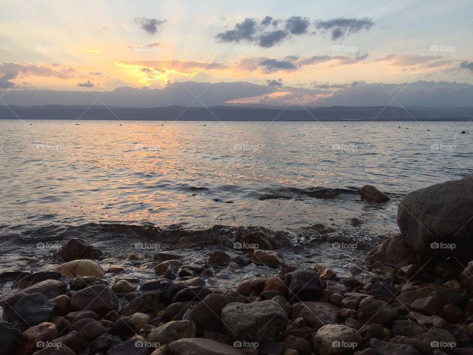 Sunset over the Dead Sea, lowest elevation in the world. Jordan. 