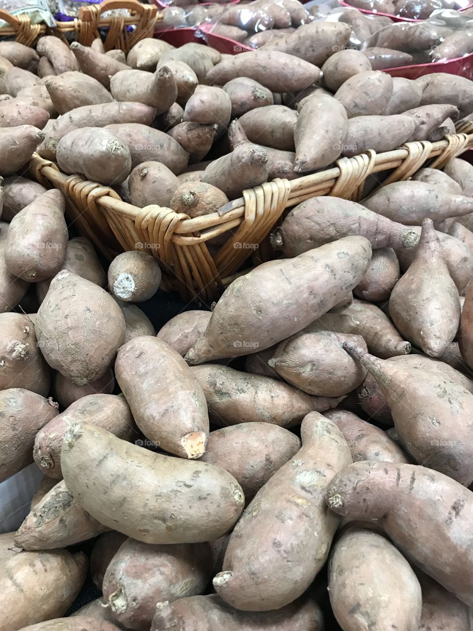 Basket display of sweet potatoes for sale