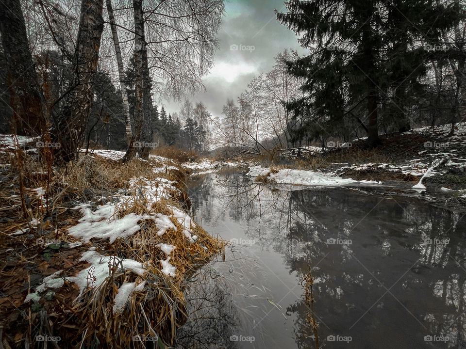 Winter landscape with small forest river