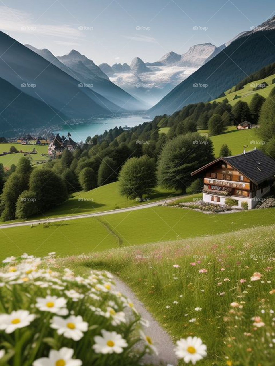 Landscape of a hut between the mountains