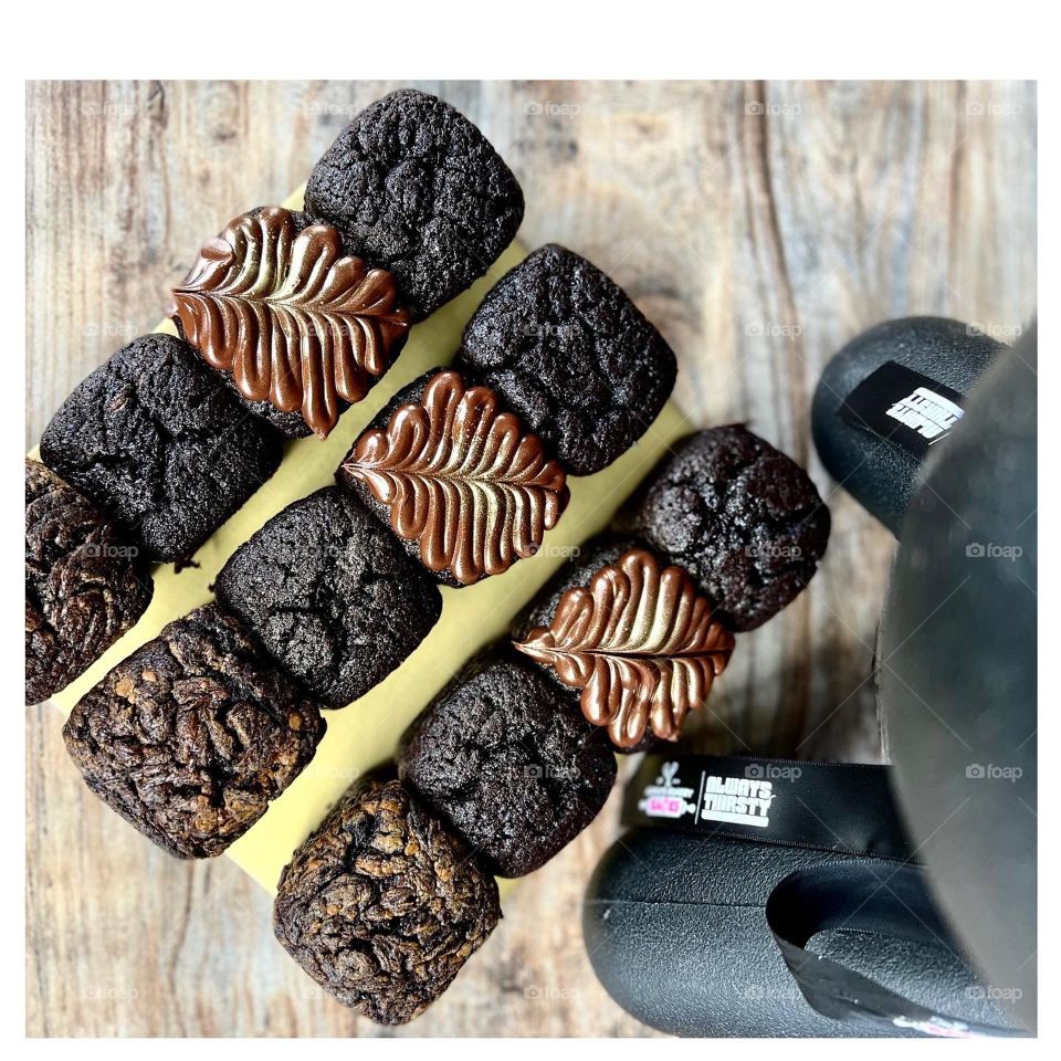 Dark homemade block brownies in different flavours  