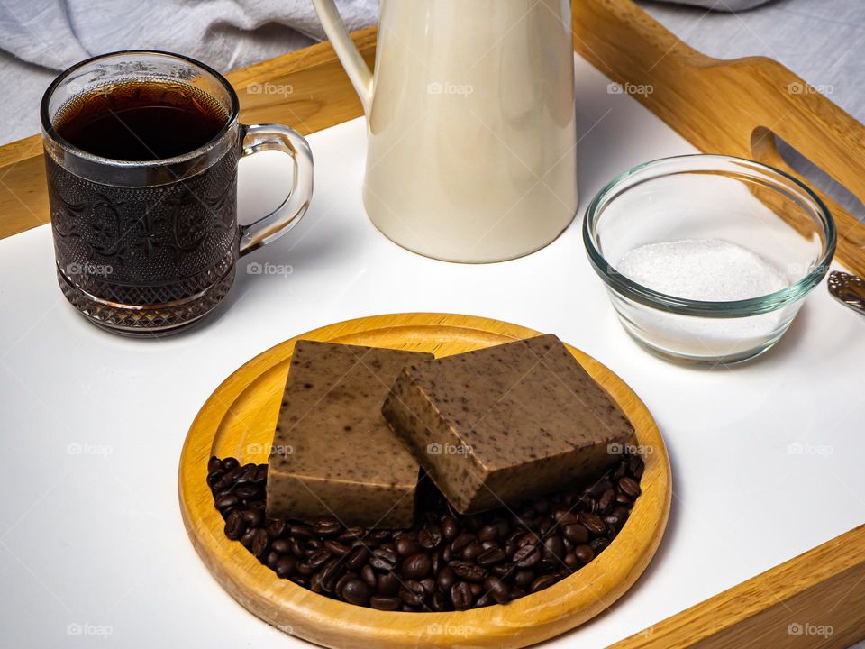 Homemade bars of coffee soap infused with caffeine.
