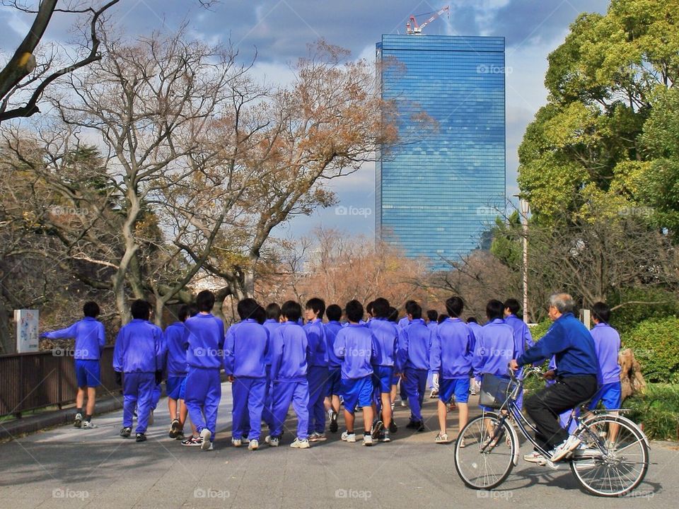 Purple people walking in the park