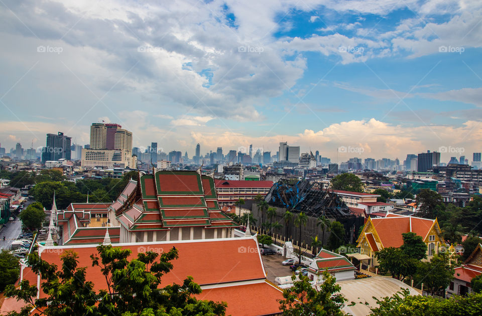 View from the Thai Temple Wat Saket to the Cityscape of the Metropolis City Bangkok in Thailand Southeast Asia