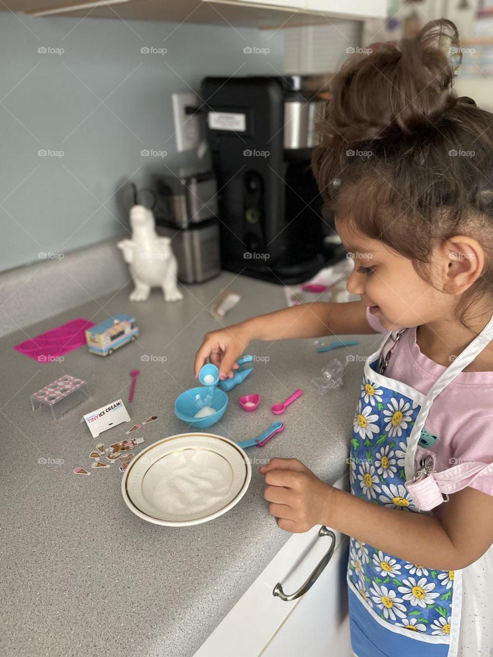 Toddler girl makes tiny ice cream cones with mommy, tiny ice cream cones, making tiny things with mommy, mommy and me in the kitchen