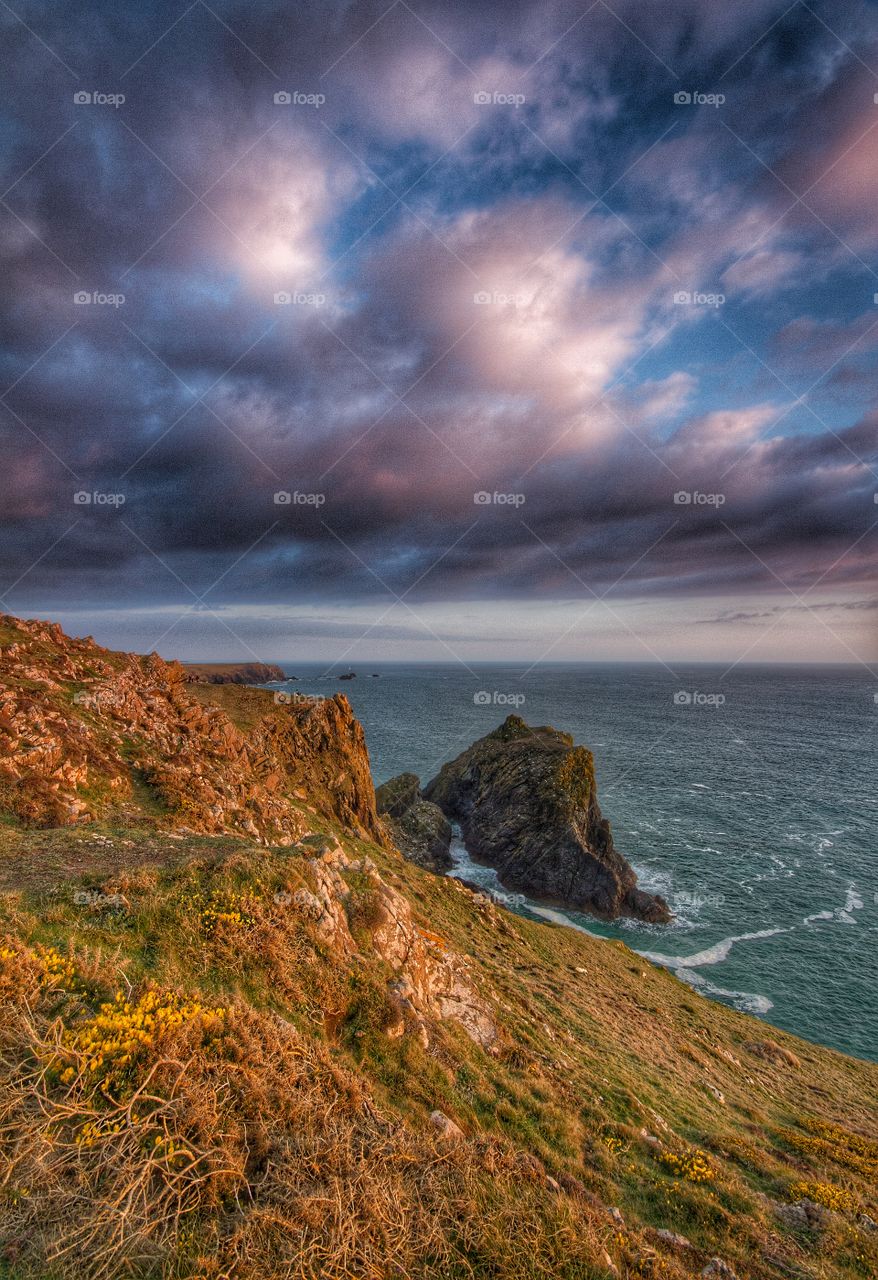 A coastal scene from a cliff top at sunset with a vast ocean and off shore island.