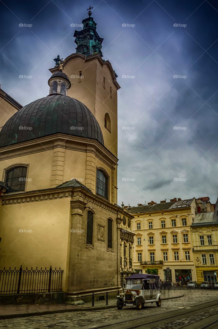 Dramatic Lviv architecture cityscape