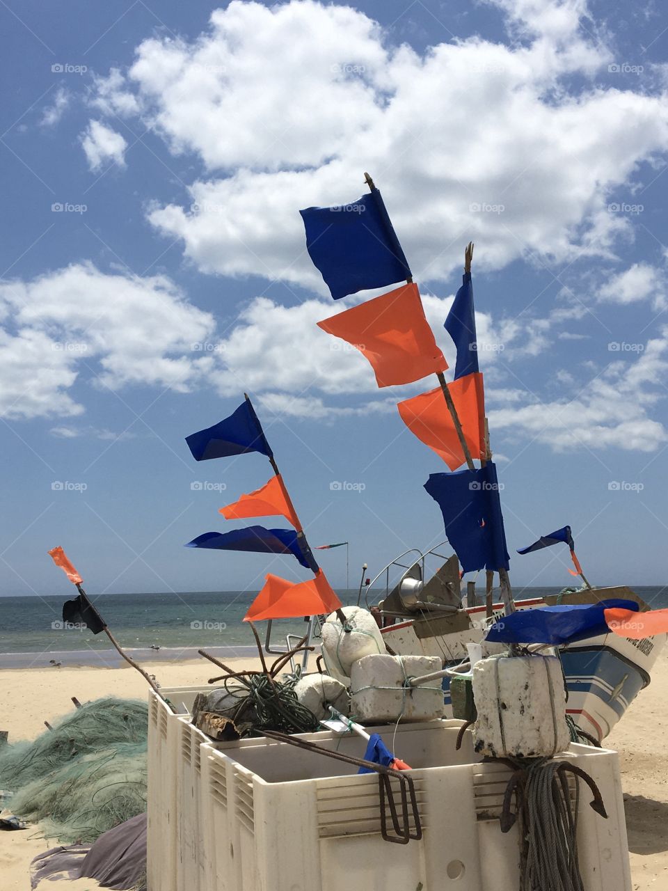 Bicolore flags on wide beach