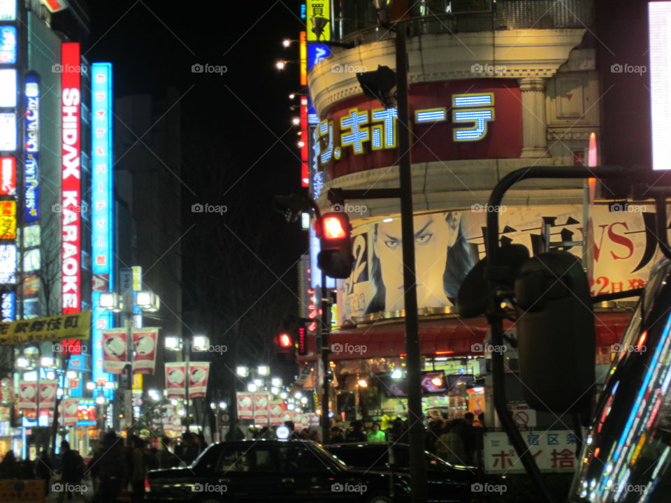 Kabukicho, Shinjuku, Tokyo, Japan.  East Entrance Night View. Don Quijote (Donki) Store, advertising new Yakuza Videogame. Karaoke, street lights
