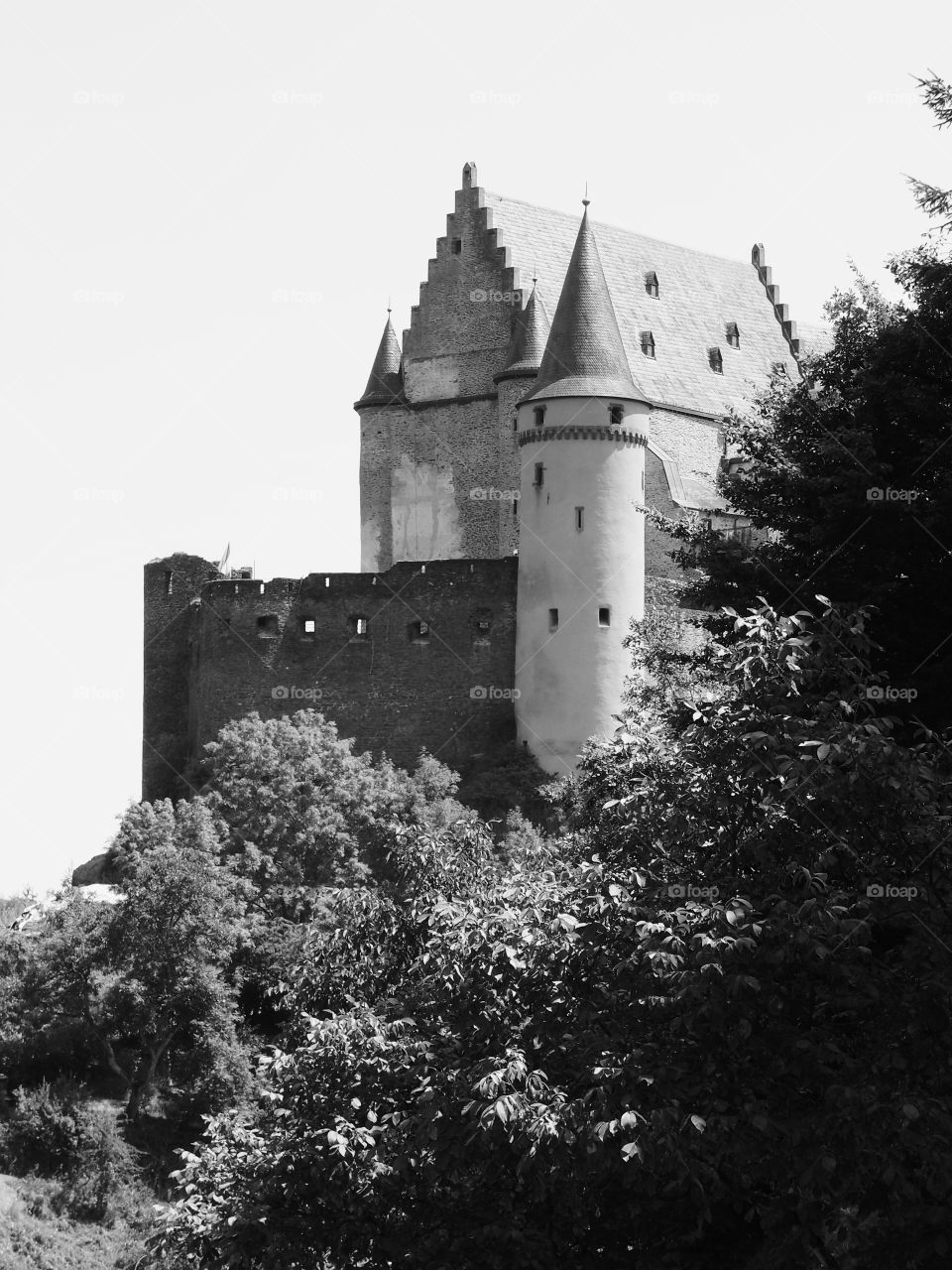 The magnificent Chateau dé Vianden in Luxembourg towers above forest trees on a hill on a sunny summer day. 