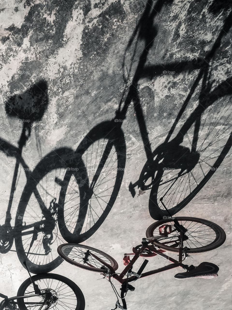 Parked bicycles against bright evening sun resulting in an interesting shadow formation