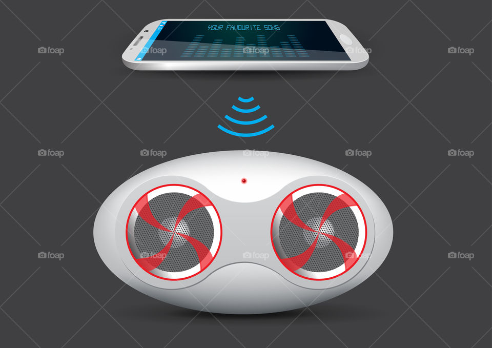 Mobile phone / tablet connected wirelessly to a speaker. Illustration