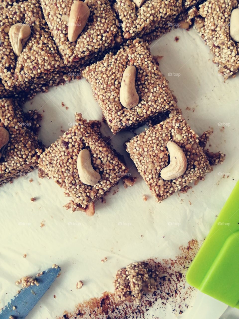 Chinoa biscuits with peanut butter and cashew nuts. Flat lay