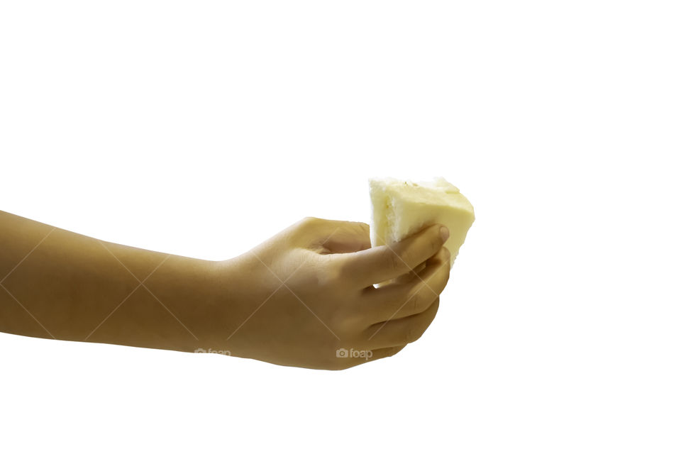 Isolated Hand boy holding the bread sandwich on a white background with clipping path.