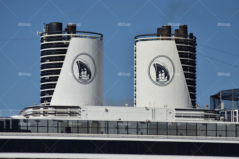 The chimneys of the cruiseship the MS Zuiderdam from the Holland america line.