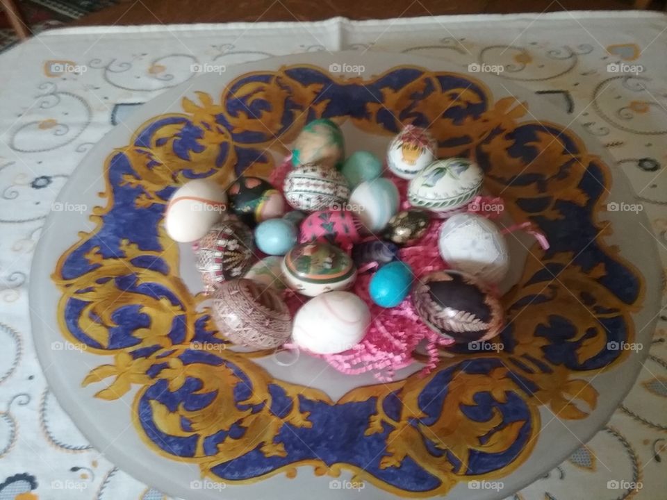 Close-up of Easter Eggs on a Venetian Glass Platter