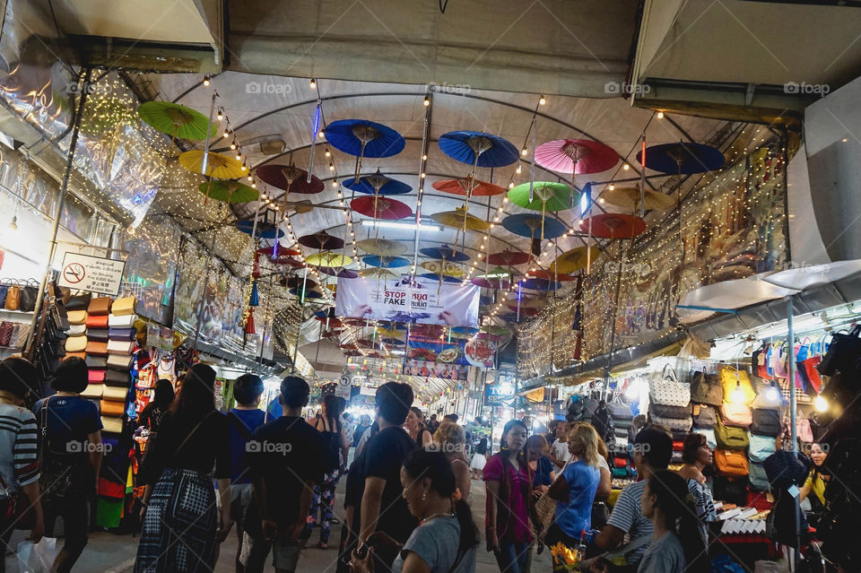 Hanging umbrellas at the Night Market in Chiang Mai, Thailand 