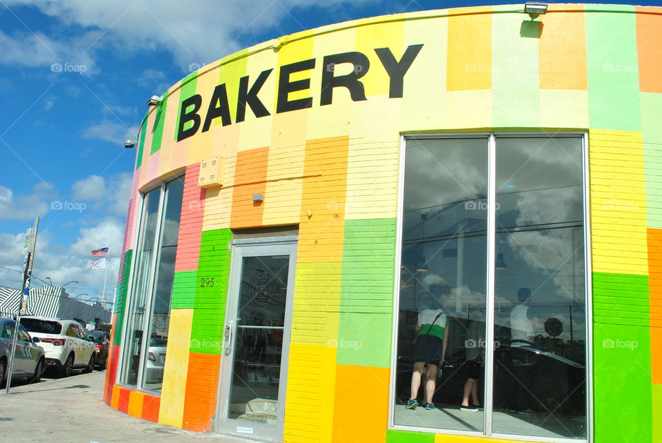 A colorful bakery building in Miami