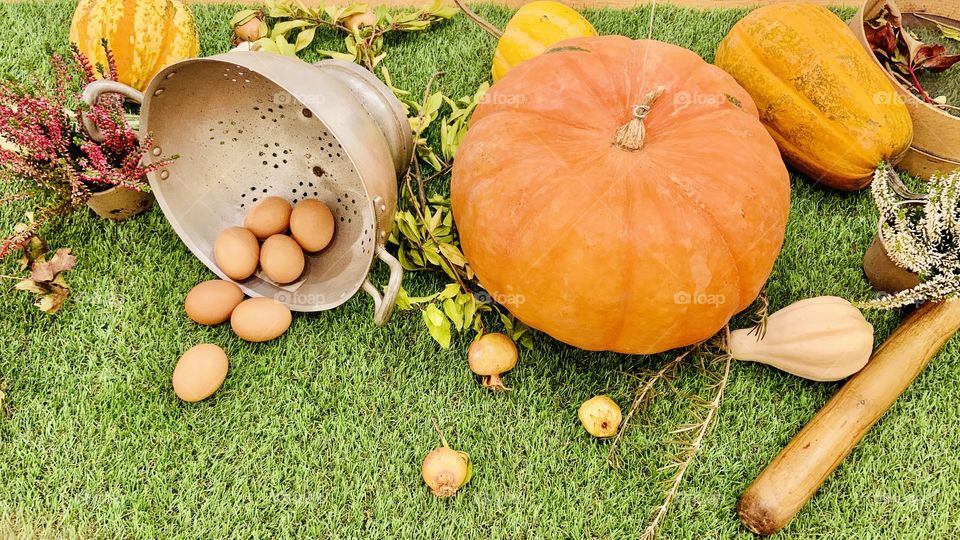 orange pumpkin, steel colander and hard-boiled eggs