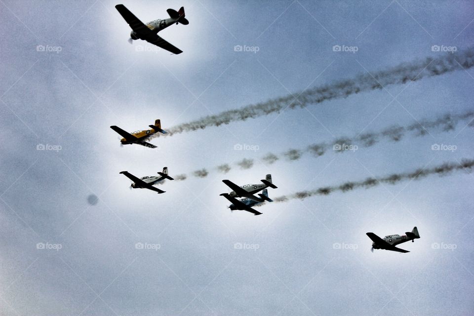 Flight of the bombers. Military bombers doing a fly over at a Texas Rangers baseball game on July 4th