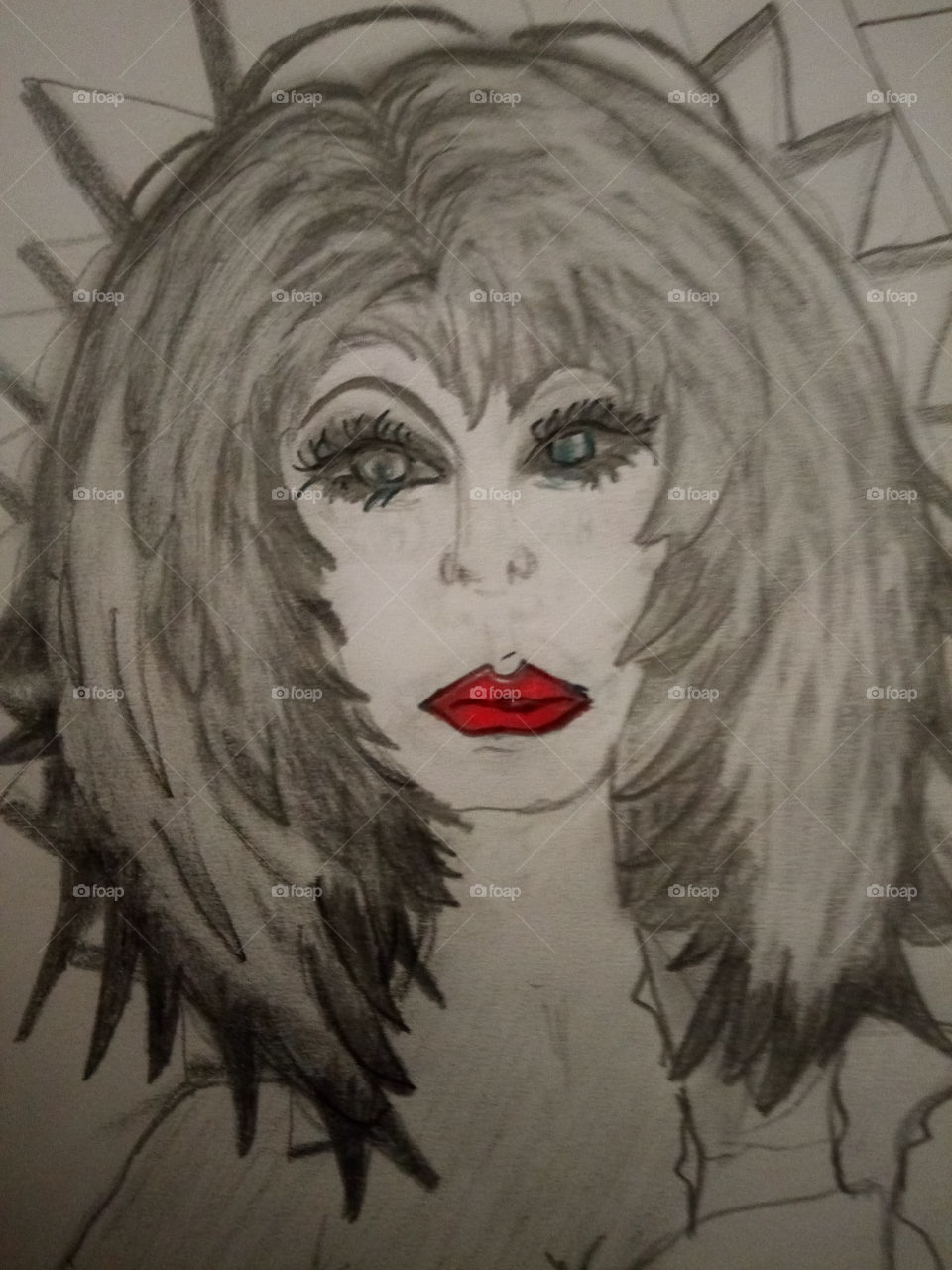 von mir gemalt,starrer Blick ,kein Selbstporträt,Frau mit rotem Mund , Bleistift Zeichnung