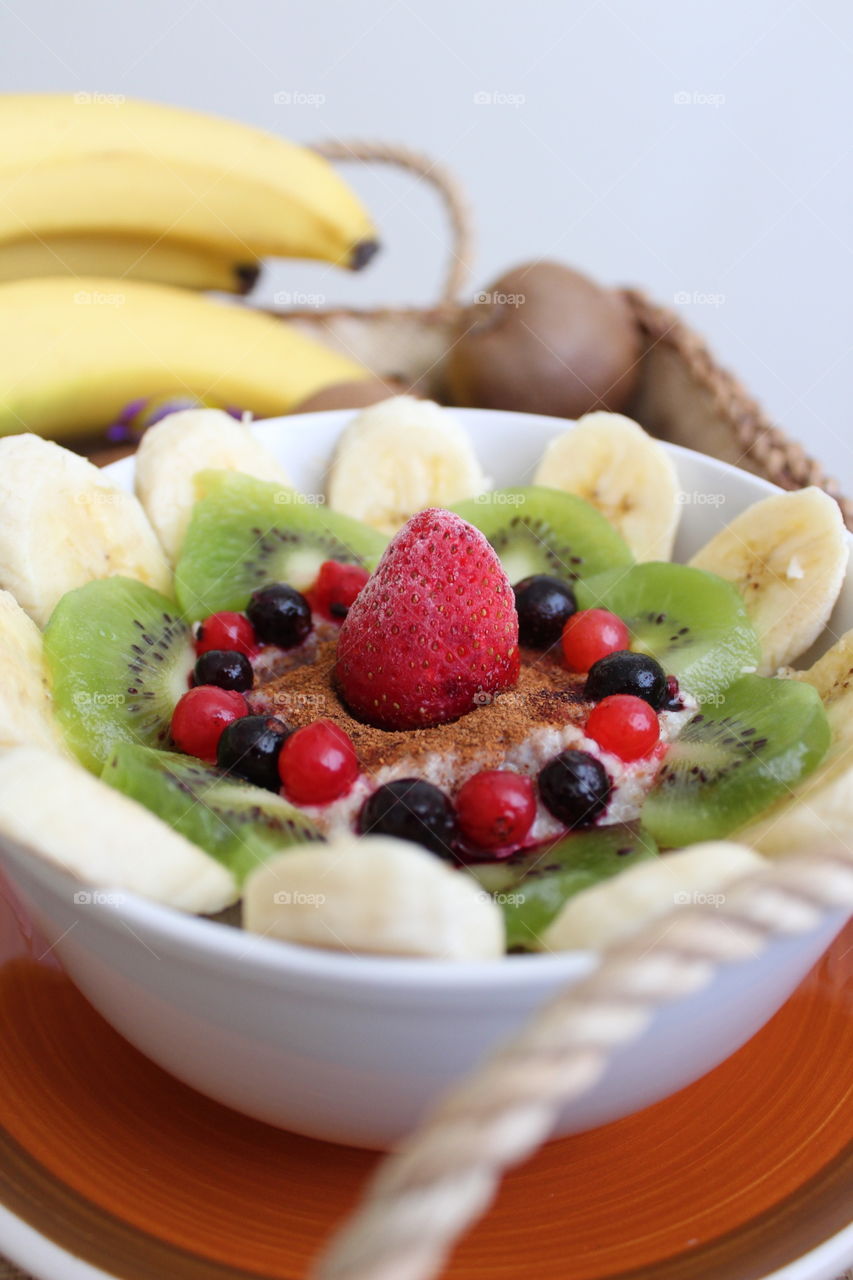 Morning breakfast with banana and kiwi