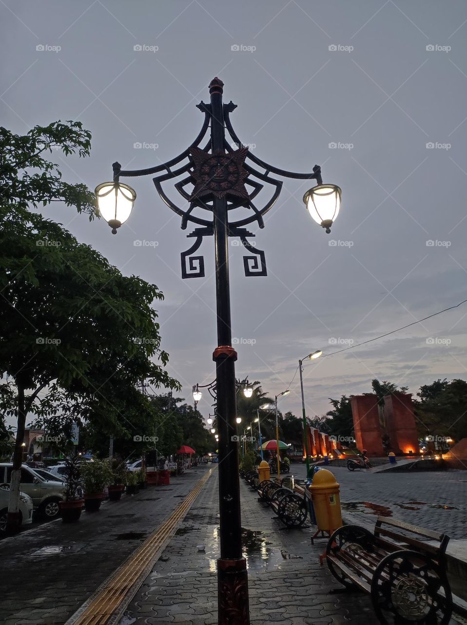 street lights in the garden of the city square of Mojokerto, East Java