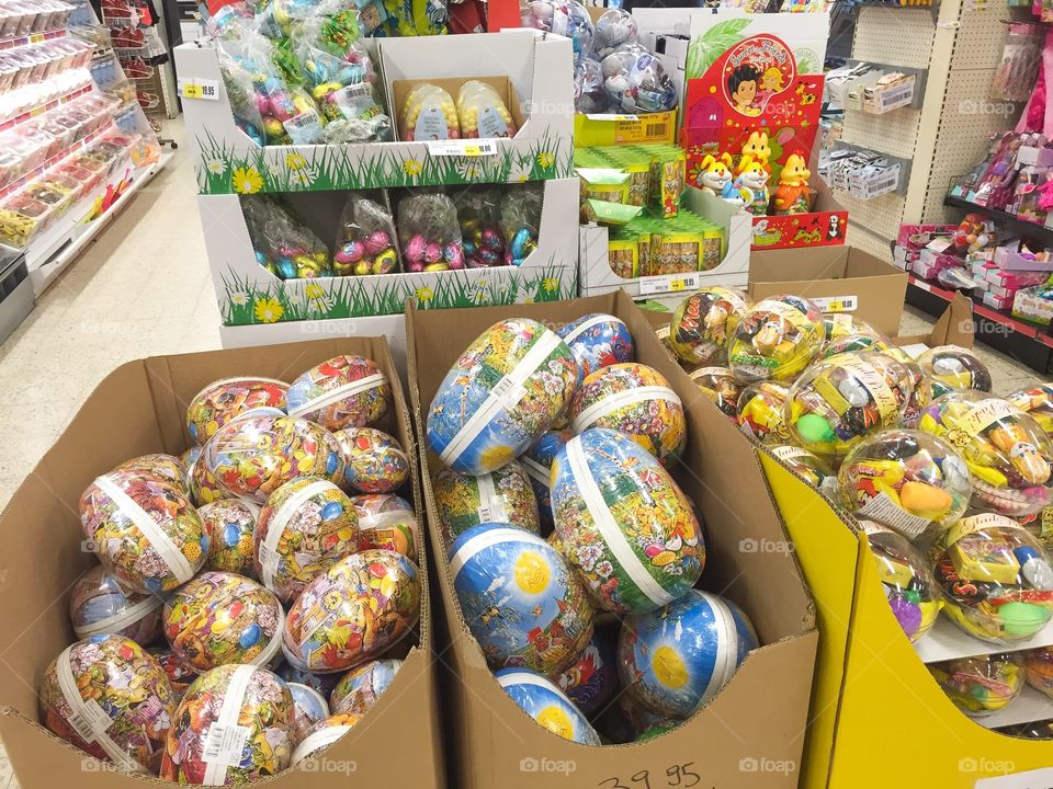 Easter eggs with candy displayed at a local supermarket in Malmö Sweden.