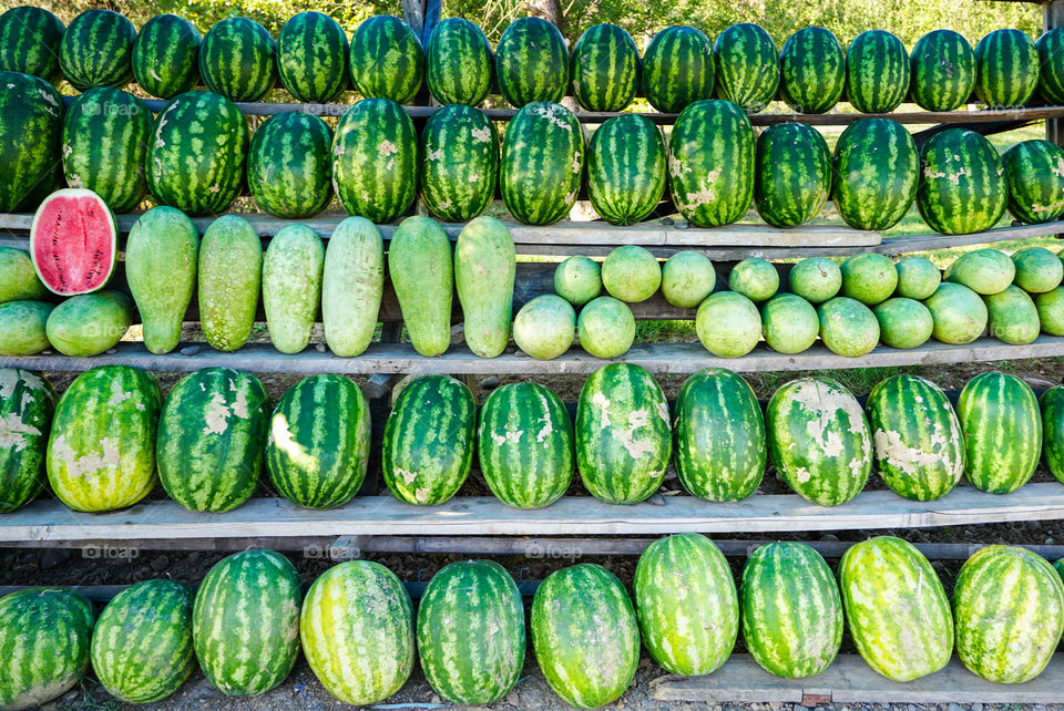 many ripe watermelons on the roadside market, Georgia