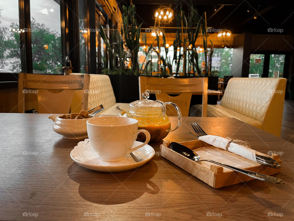 Pasta and buckthorn tea with honey