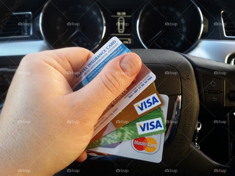 credit cards in the car travel. credit cards in the car travel
