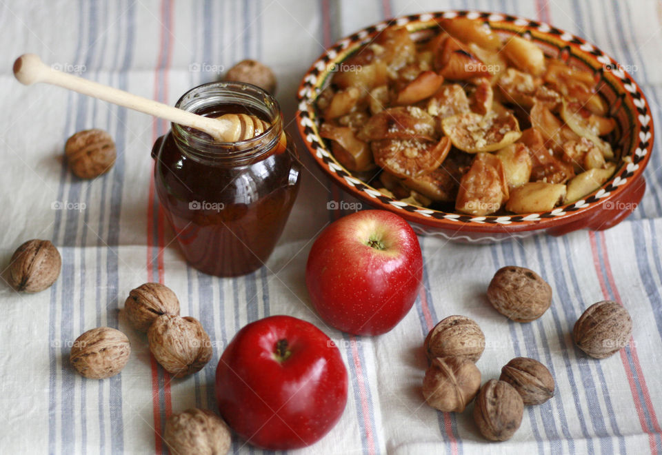 Home made baked apples with honey and walnuts