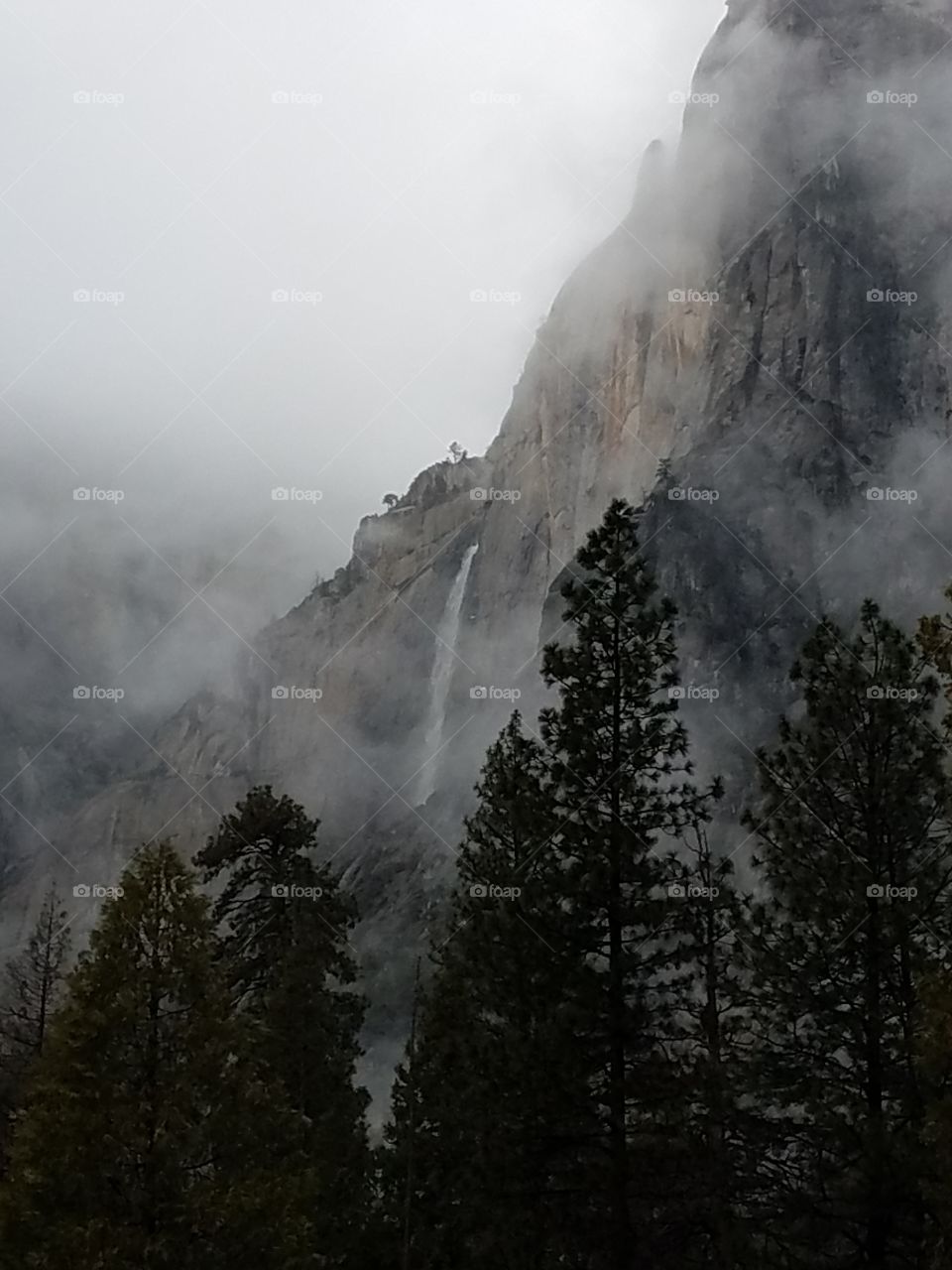 Yosemite Falls in winter mist 2.