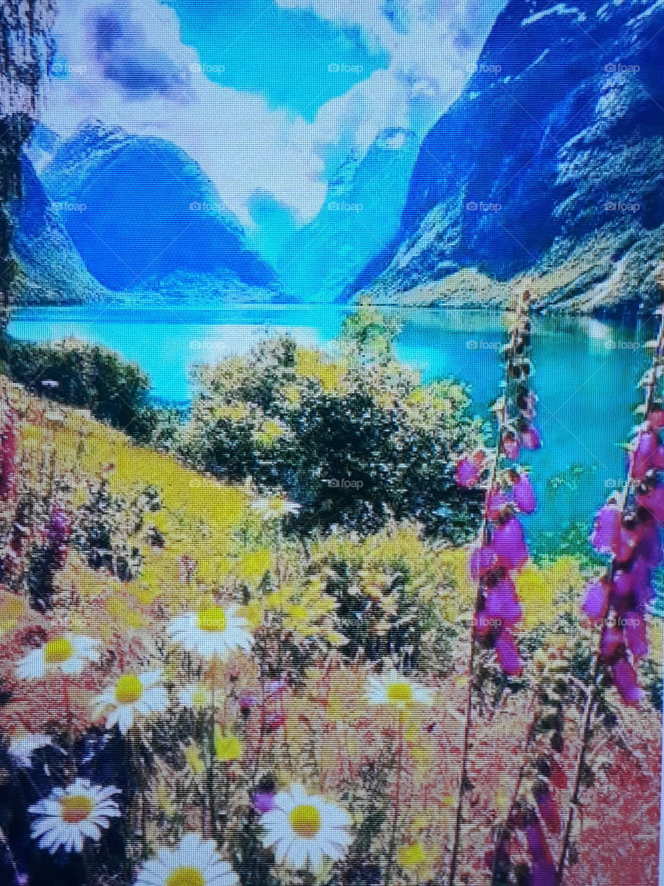 paisagem  com lago e fundo azul