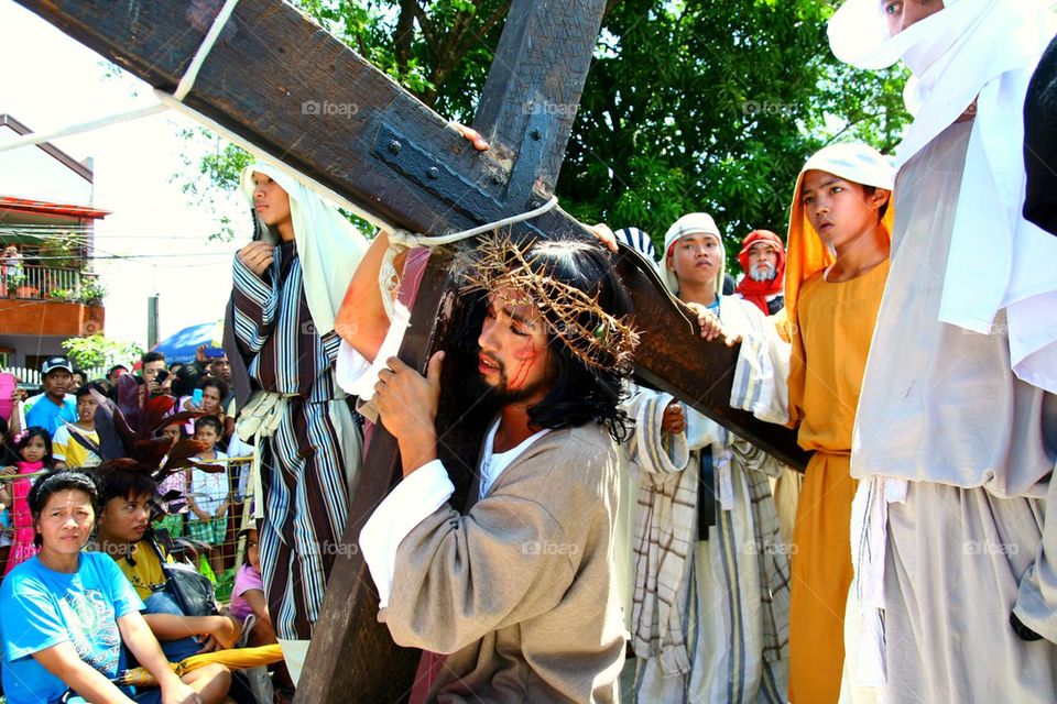 catholic devotees reenact the death of jesus christ on good friday during holy week in cainta, rizal, philippines, asia