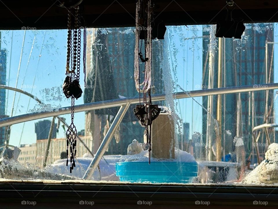 This is the beautiful view from aboard „Salvation“, the „28 foot 1969 Luhrs“ cabin cruiser at „Newtown Creek“ by the „Pulaski Bridge“ in LIC, Queens that I and my partner for many years, „Timothy Trespas“ call home. 2024. Hypnotic Productions