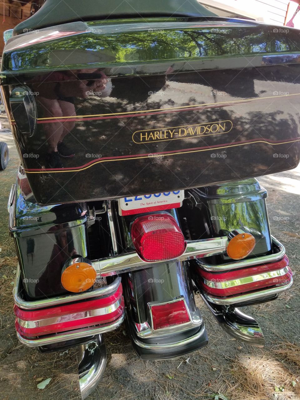 Harley Davidson FLHTC back of bike showing wrap lights & trunk.